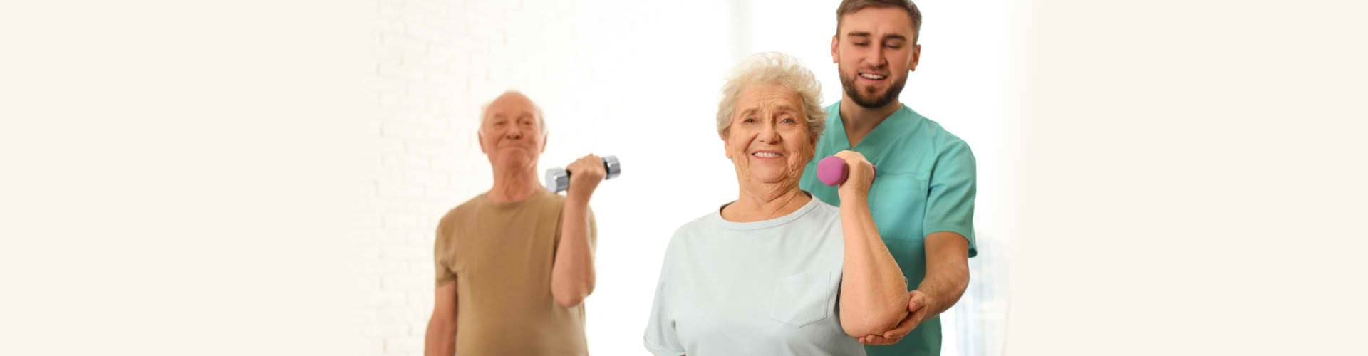 man helping elderly man and woman to workout